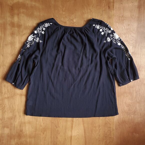 Talbots Embroidered Peasant Blouse XL Blue White Boho Cottagecore 3/4 Sleeve - Picture 6 of 10